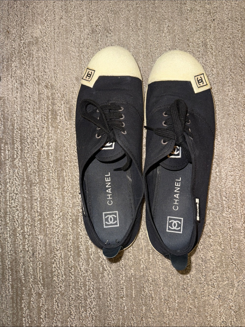 CHANEL Black Canvas Lace-Up Sneakers with Cream Cap Toe